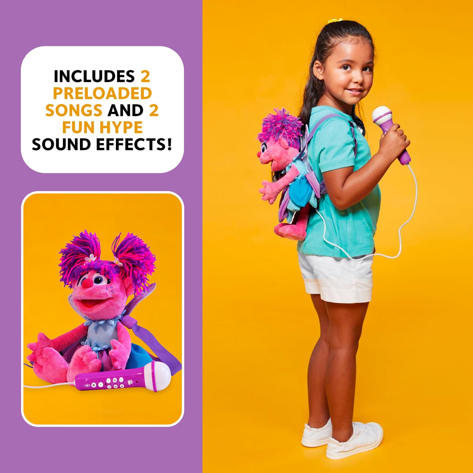 Side profile of the interactive Sesame Street karaoke machine toy demonstrating the attached wired microphone cord.