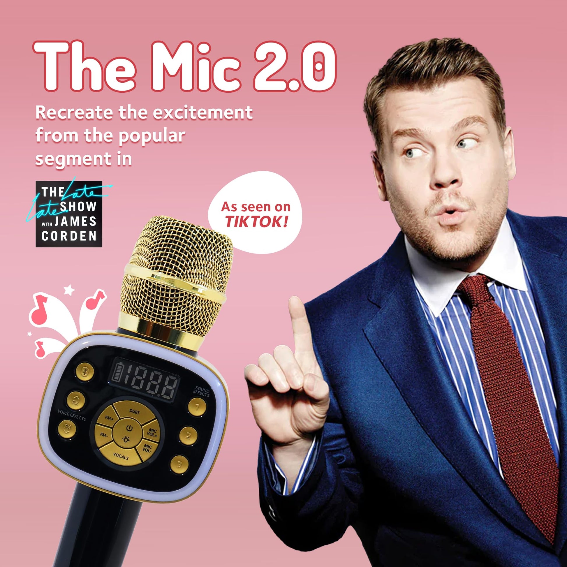 Singing Machine portable car karaoke microphone side view highlighting the integrated control buttons and echo adjustment switches.