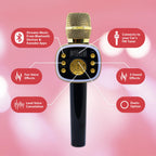 Singing Machine wireless entertainment microphone displaying the premium metallic mesh grille and built-in LED indicator lights.
