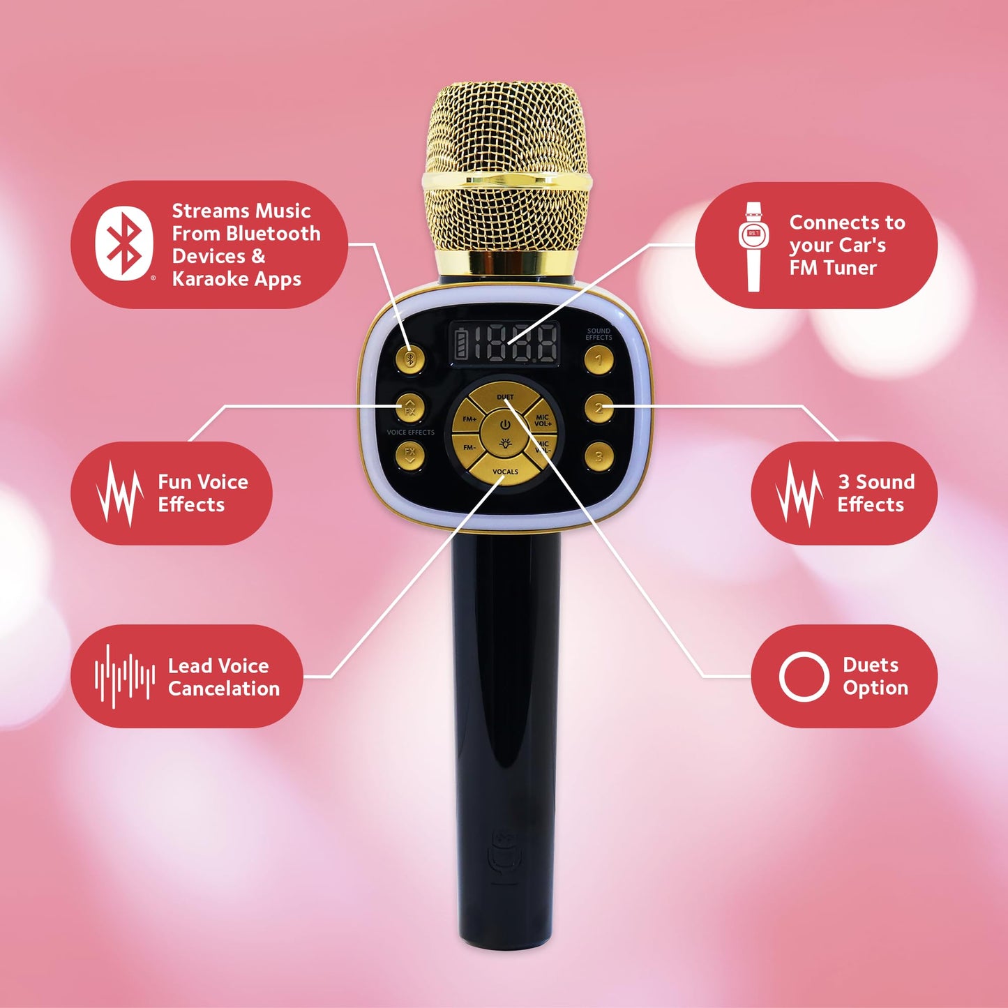 Singing Machine wireless entertainment microphone displaying the premium metallic mesh grille and built-in LED indicator lights.