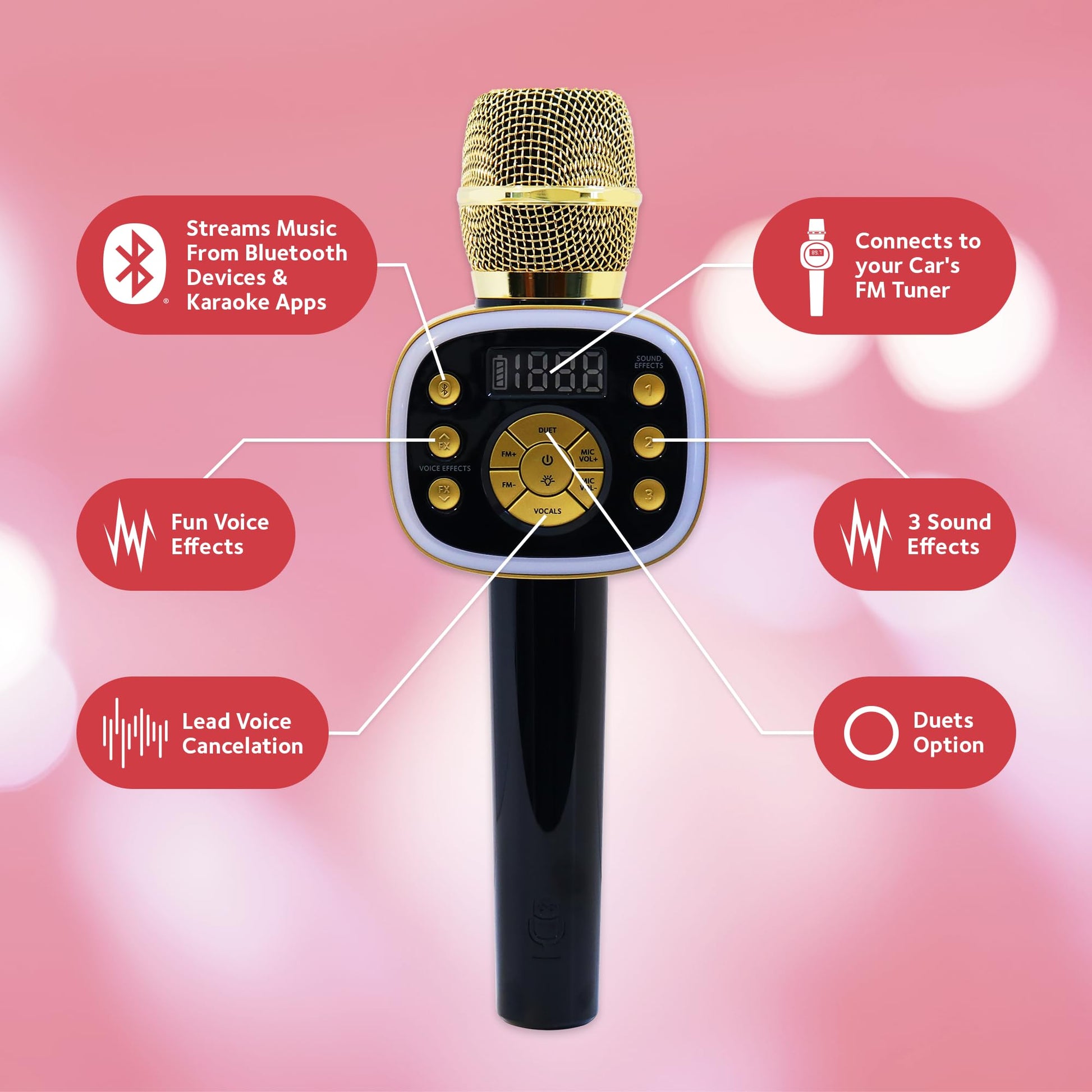 Singing Machine wireless entertainment microphone displaying the premium metallic mesh grille and built-in LED indicator lights.