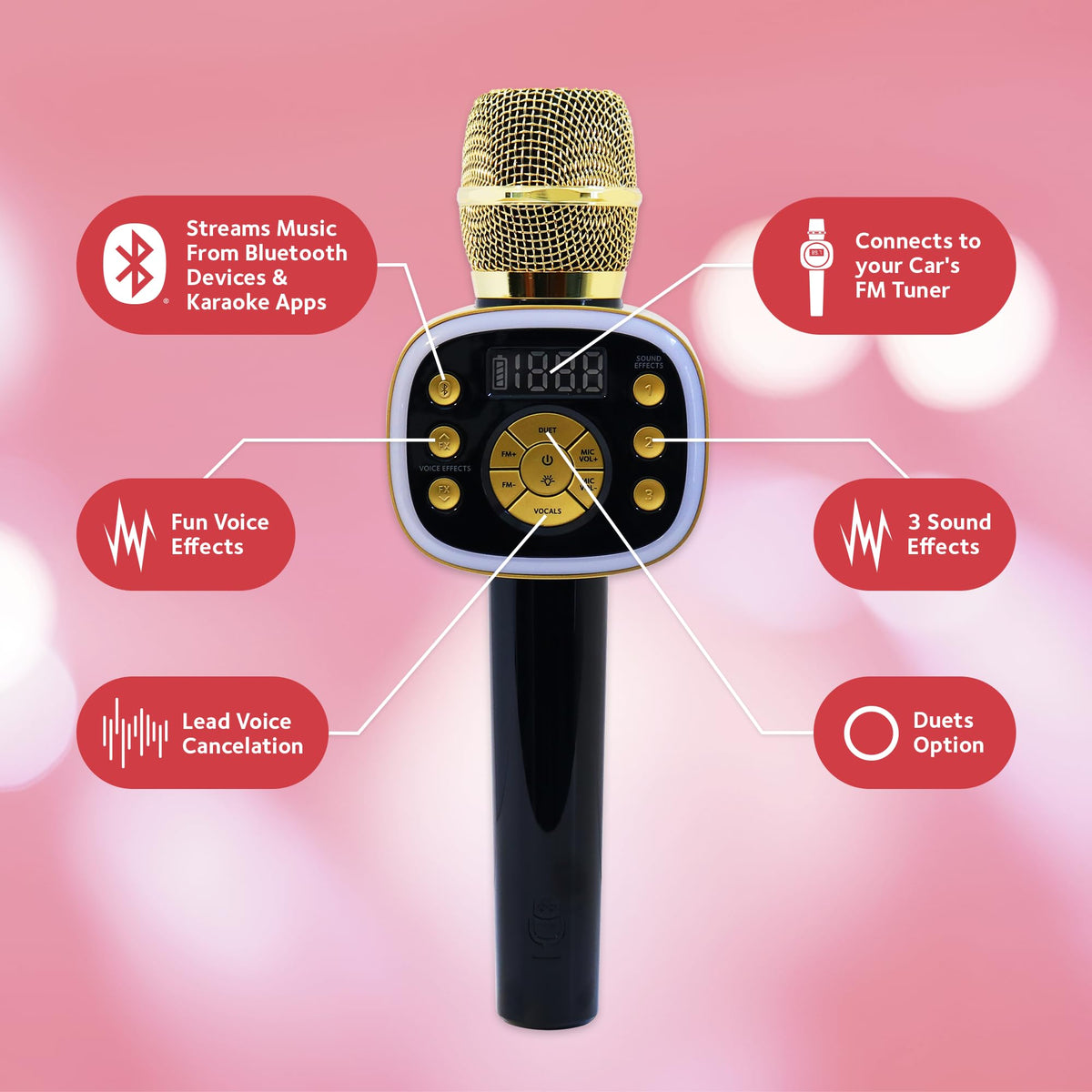 Singing Machine wireless entertainment microphone displaying the premium metallic mesh grille and built-in LED indicator lights.