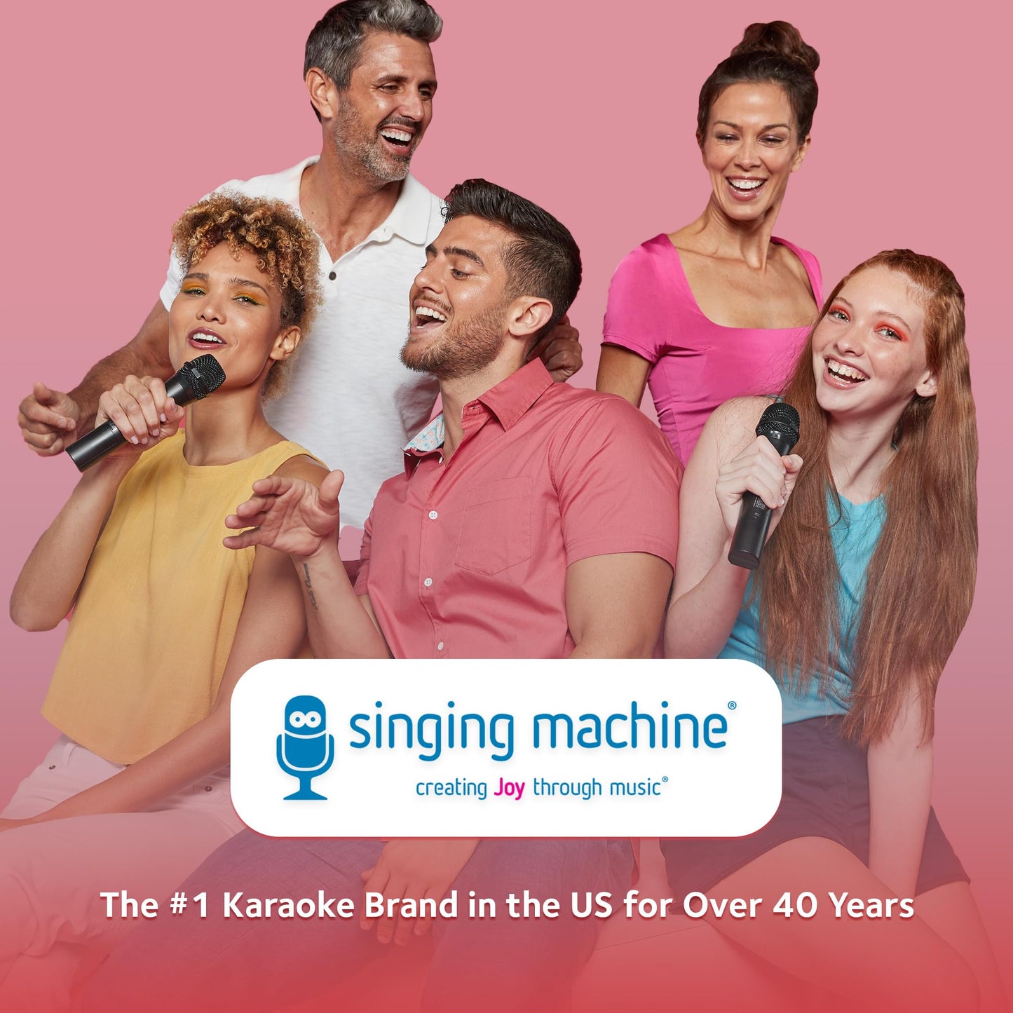 Singing Machine Bluetooth microphone angled shot demonstrating the high-fidelity dynamic vocal receiver designed for kids and adults.