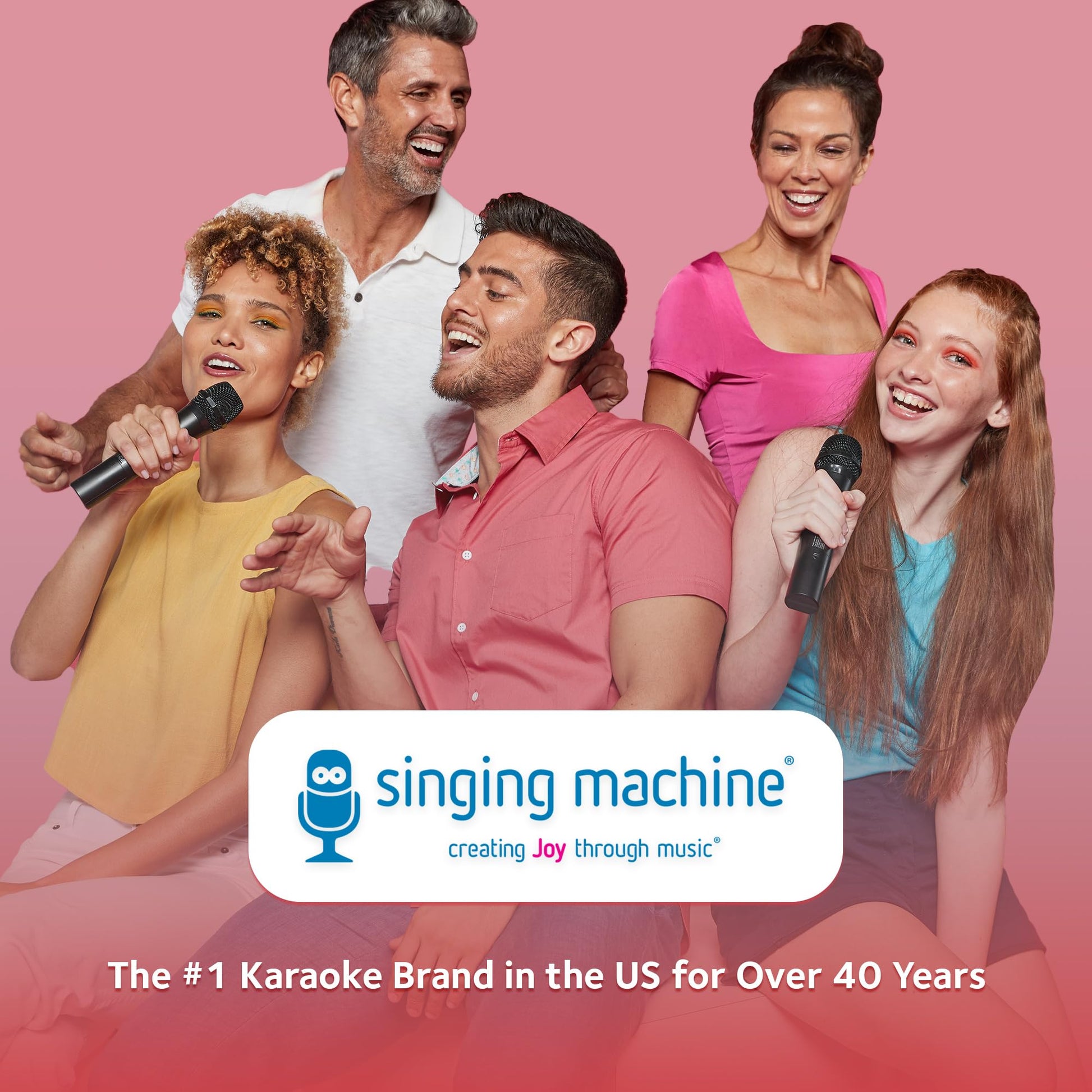 Singing Machine Bluetooth microphone angled shot demonstrating the high-fidelity dynamic vocal receiver designed for kids and adults.