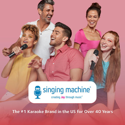Singing Machine Bluetooth microphone angled shot demonstrating the high-fidelity dynamic vocal receiver designed for kids and adults.