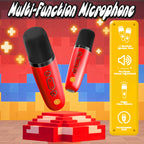 Dual wireless microphones for children displayed alongside the compact red Bluetooth karaoke speaker system.