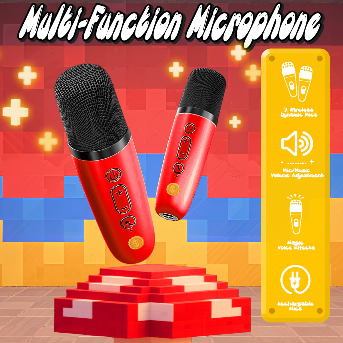Dual wireless microphones for children displayed alongside the compact red Bluetooth karaoke speaker system.