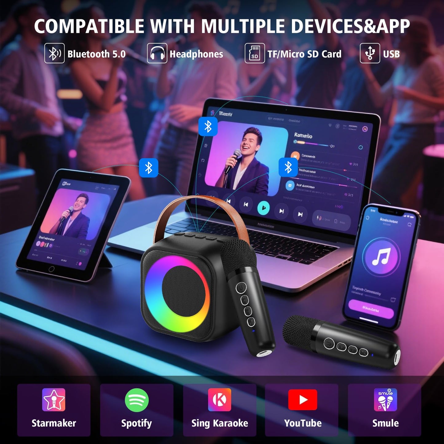 Black mini karaoke machine with premium leather wrist strap