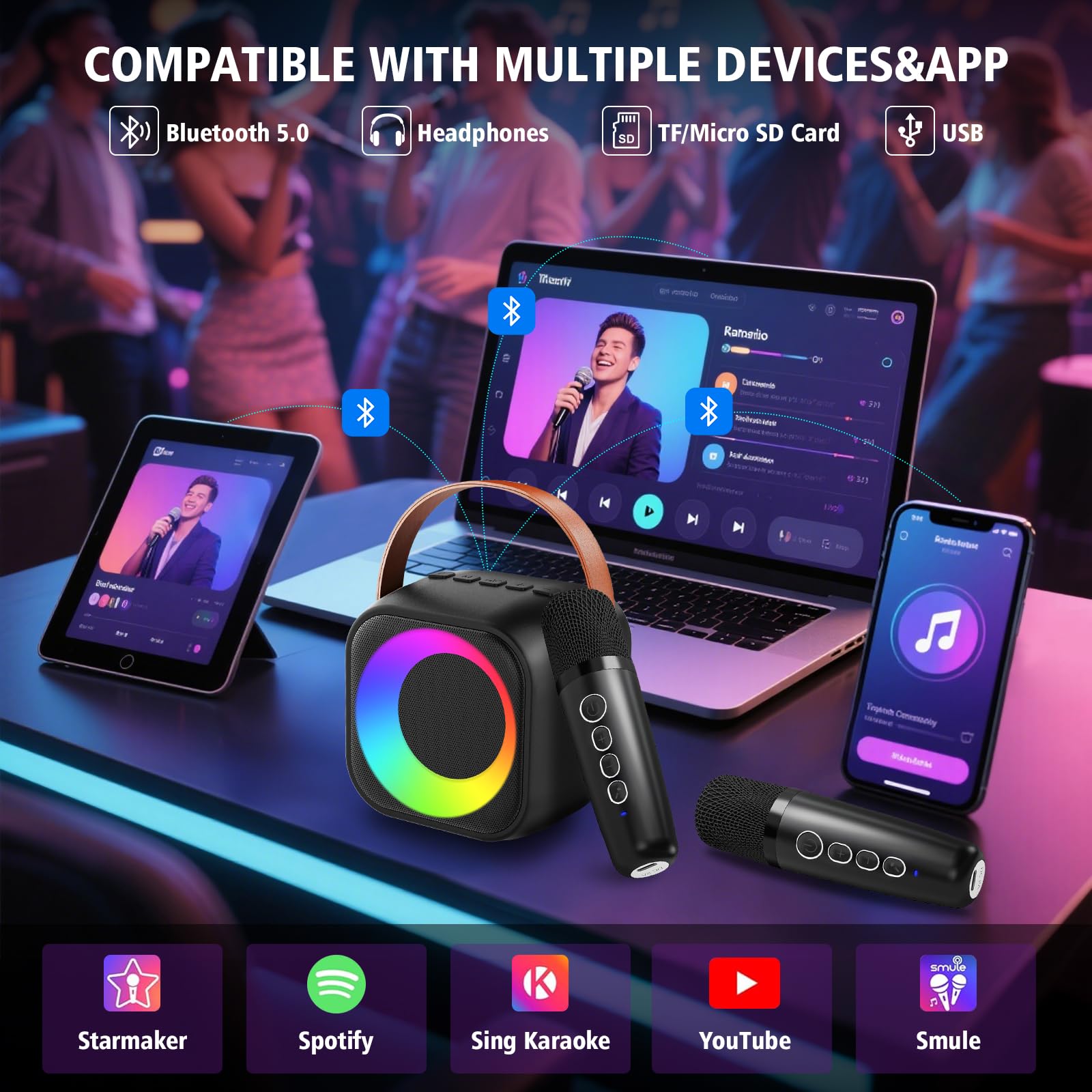 Black mini karaoke machine with premium leather wrist strap