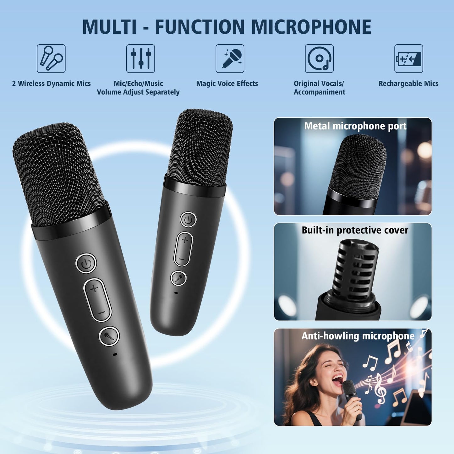 Kids and adults using the twin wireless microphones for a home duet