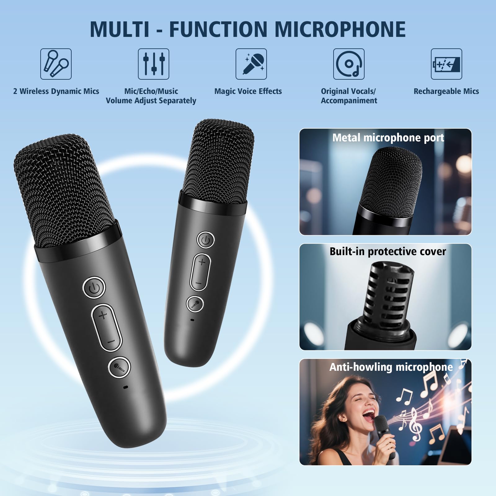 Kids and adults using the twin wireless microphones for a home duet