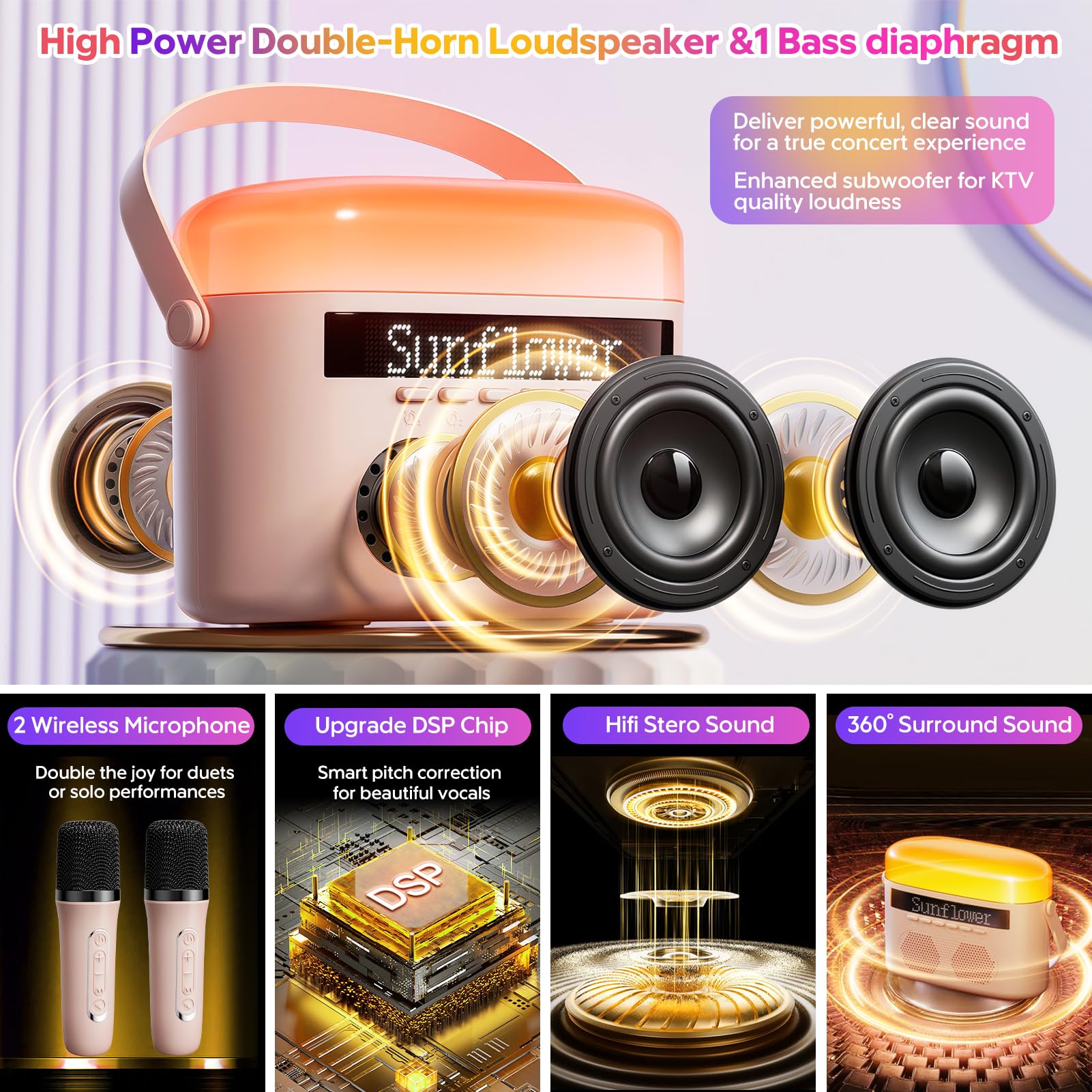 Multi-colored RGB LED light show emitting from the pink dual speaker housing during use