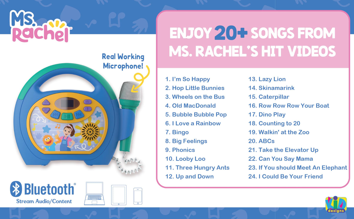 eKids toddler sing along music player highlighting the kid friendly buttons and microphone storage slot