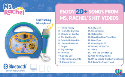 eKids toddler sing along music player highlighting the kid friendly buttons and microphone storage slot