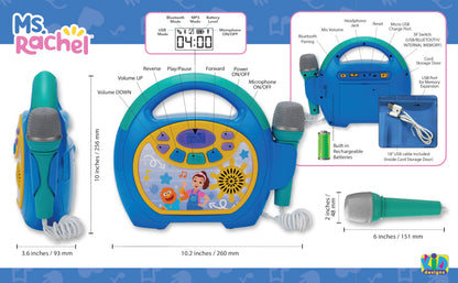 Back view of the toddler karaoke machine displaying the headphone jack and USB audio input port