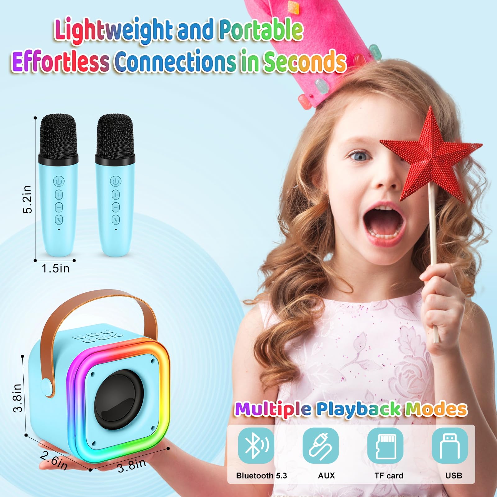 Blue children portable Bluetooth speaker with vibrant glowing RGB LED ring light activated