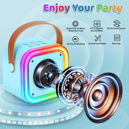 Two compact blue wireless microphones for kids karaoke machine displaying control buttons