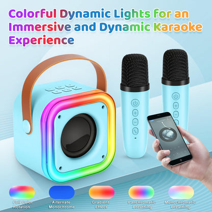Side angle of portable kids singing speaker highlighting the top carrying handle design