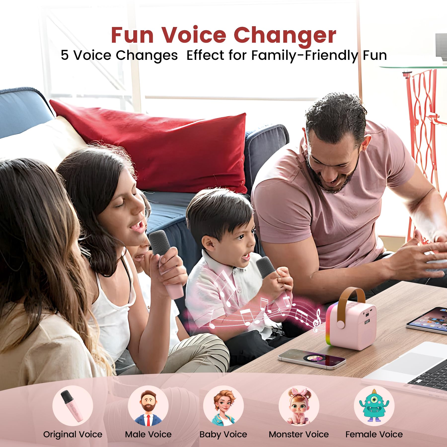 Two wireless microphones for kids karaoke machine showing charging ports and power indicators