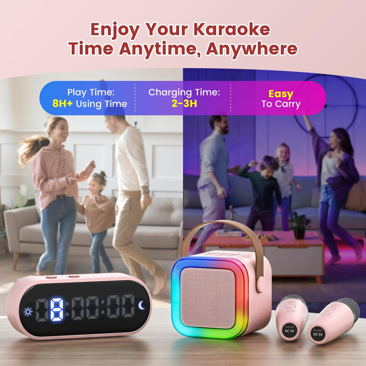 Compact portable singing machine for family gatherings being held by the convenient top strap