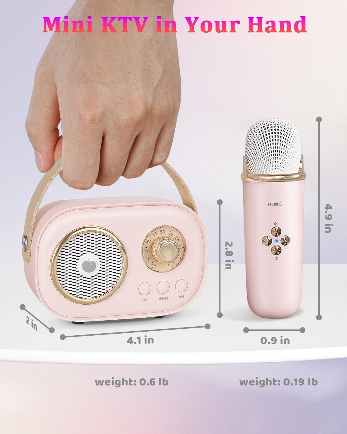 PRUNUS portable karaoke kit rear panel view showing the USB-C charging port and TF card slot