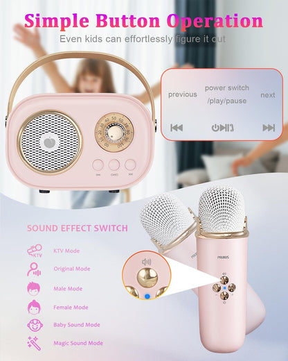 Compact pink mini speaker being held by the handle to demonstrate its lightweight portability
