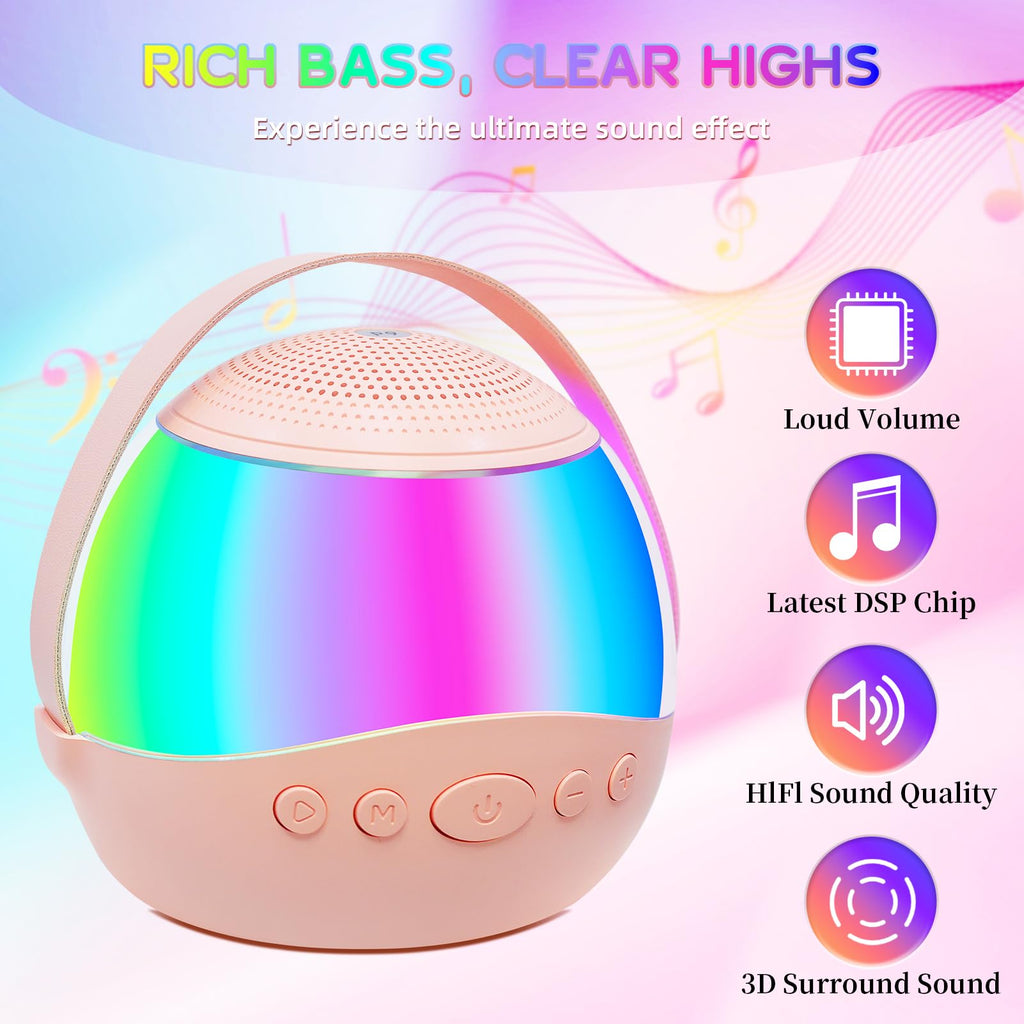 Lhlzms pink party speaker rear view showing the micro SD card slot USB port and auxiliary cable input options