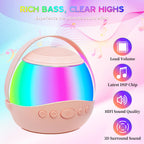 Lhlzms pink party speaker rear view showing the micro SD card slot USB port and auxiliary cable input options
