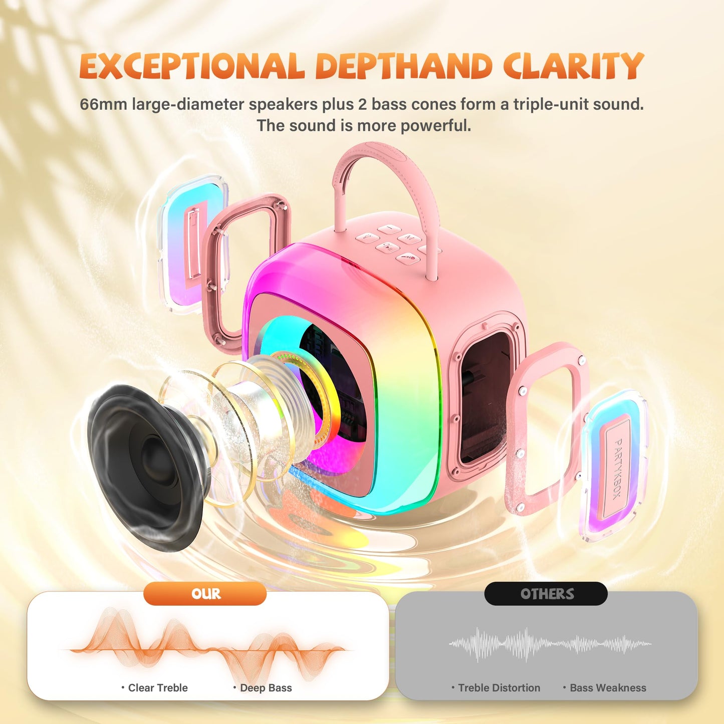 SunTrok portable kids singing speaker with vibrant illuminated RGB LED lights active on the sides