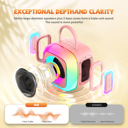 SunTrok portable kids singing speaker with vibrant illuminated RGB LED lights active on the sides