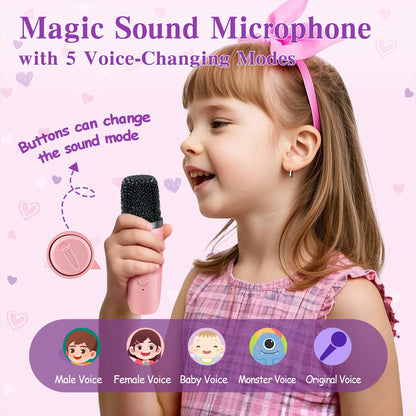 Pink mini karaoke machine with wireless microphone showing controls and compact design