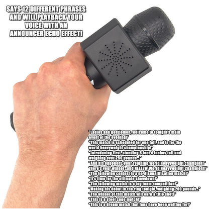 Figures Toy Company wrestling microphone accessory close up displaying the built in speaker and textured handle.