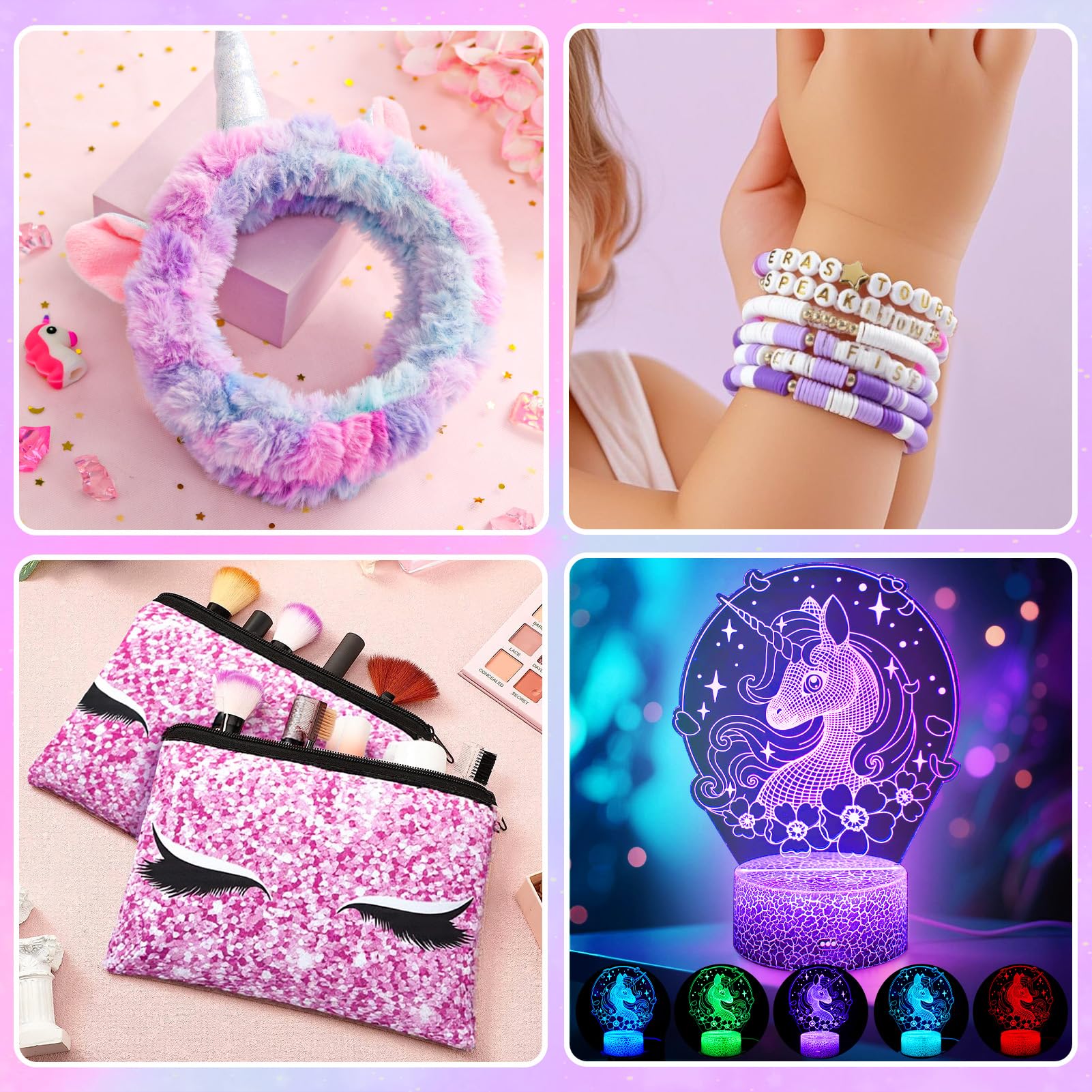 Complete contents of the Toylink unicorn gift box arranged neatly on a flat surface