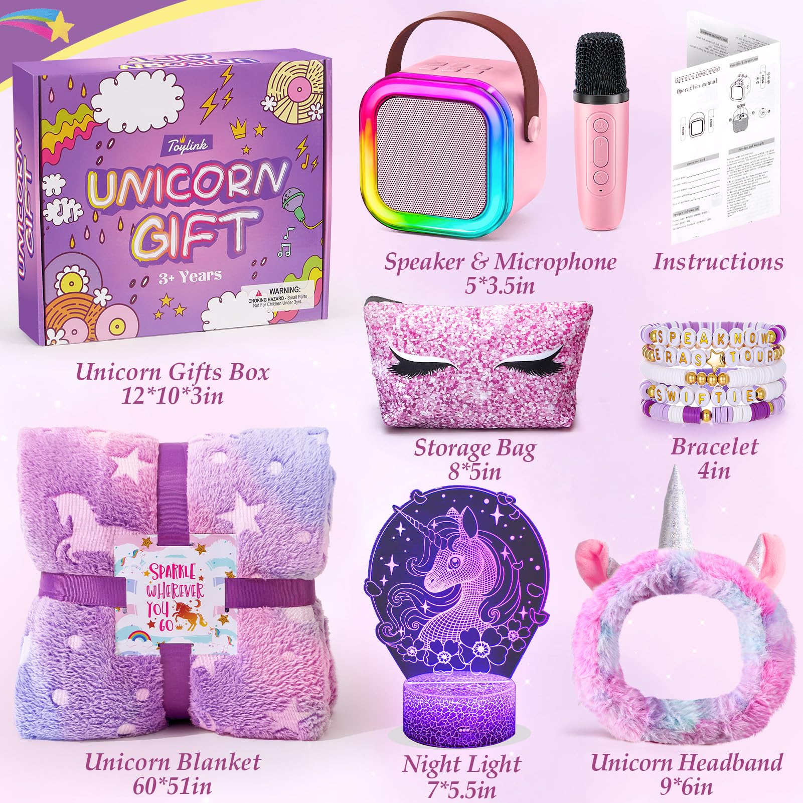 Young girl happily holding the Toylink mini karaoke microphone and wearing the unicorn headband