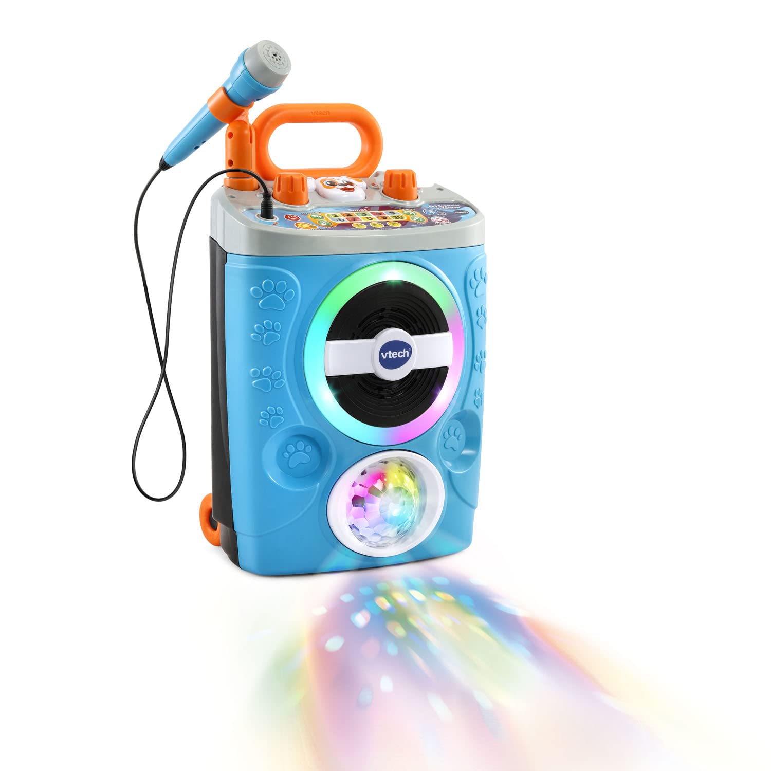 VTech blue interactive karaoke toy showing the control panel buttons and interface