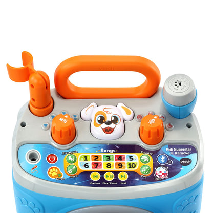 VTech My First Kidi Karaoke standing on wheel brackets with microphone attached