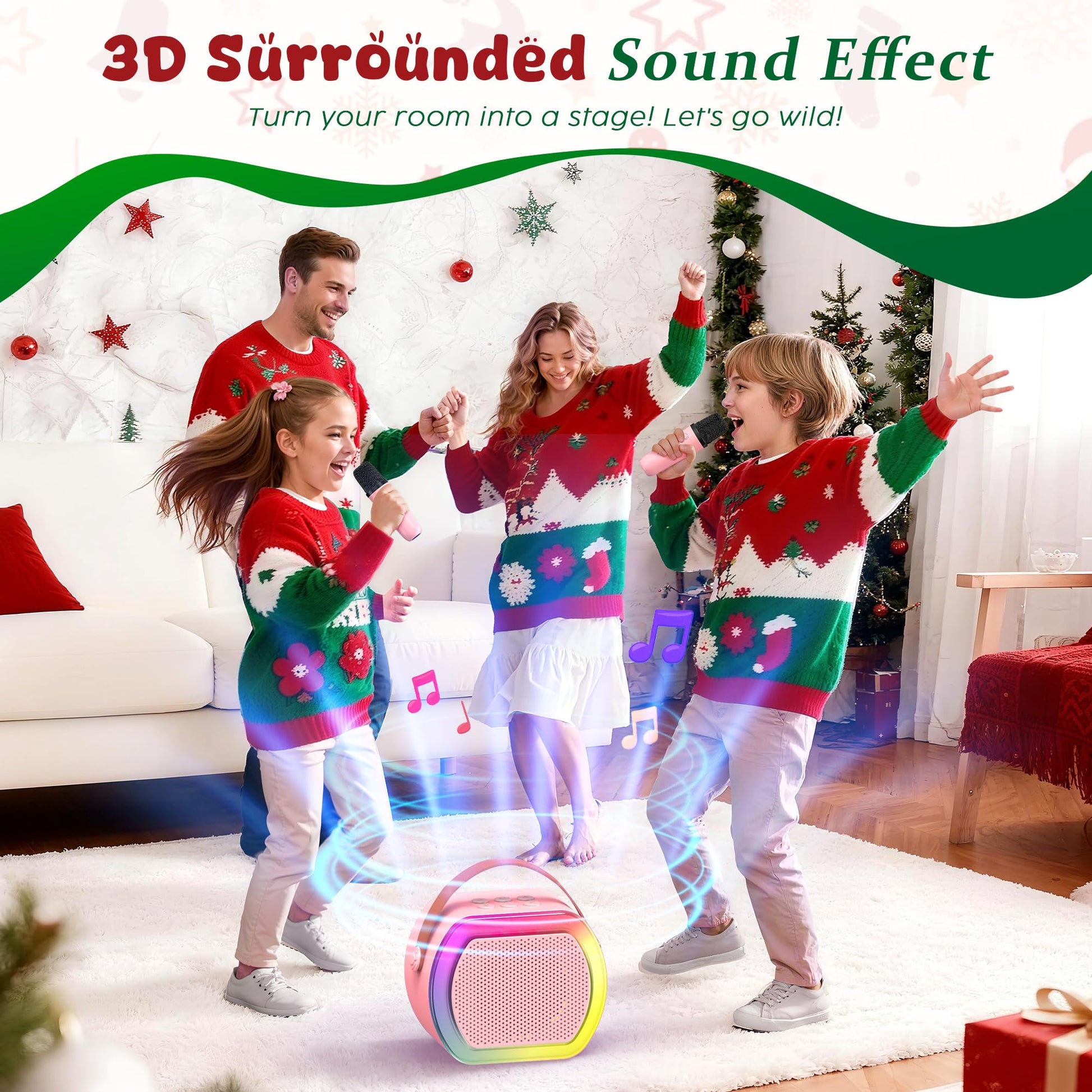 Compact bluetooth karaoke audio system with dual wireless mics for parties