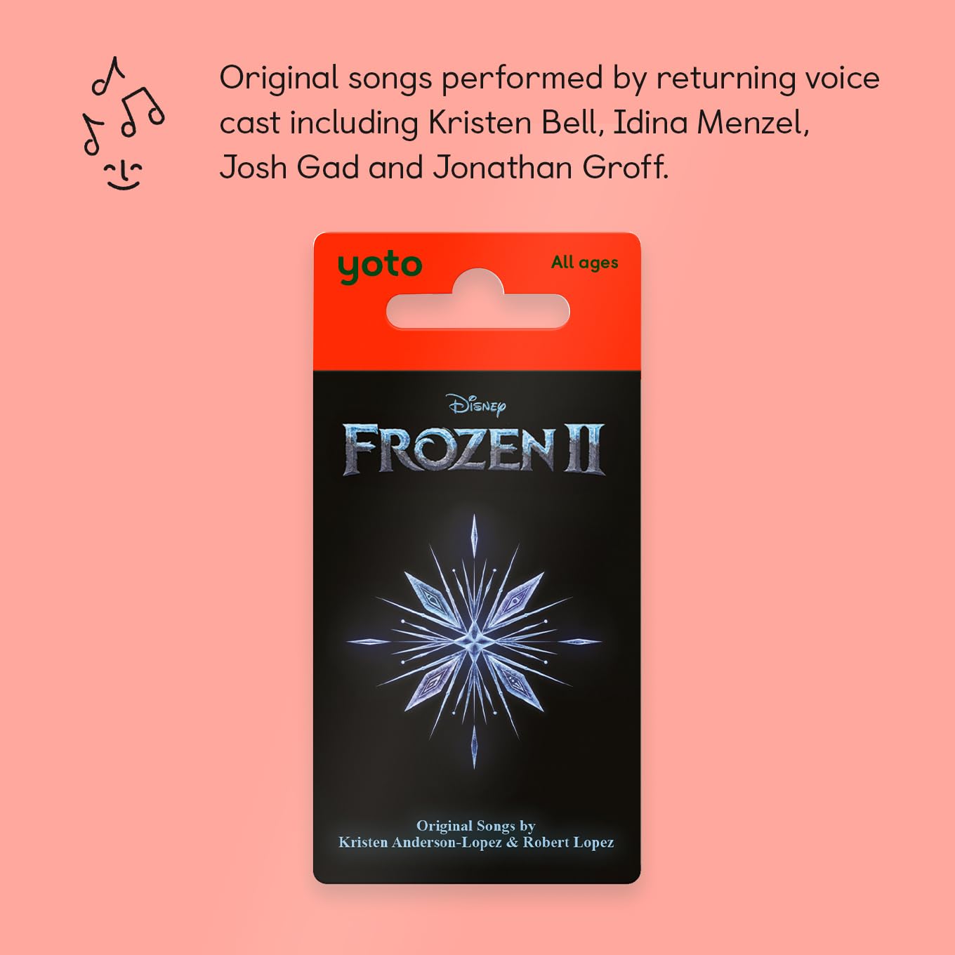 Yoto Frozen 2 music card being inserted into a white Yoto Mini screen free player for independent play