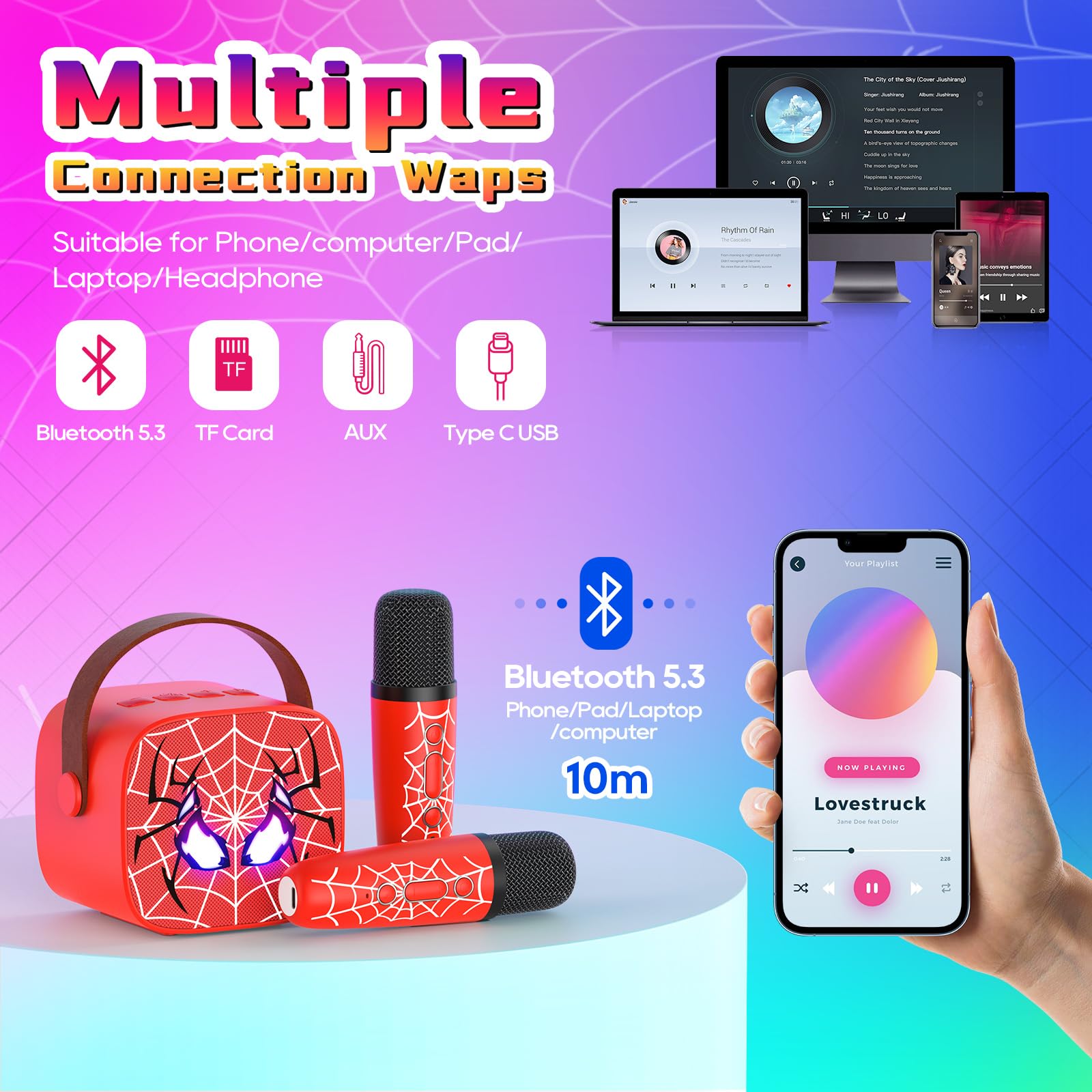 Side angle of the Instiwitt children portable singing speaker with dynamic LED lights illuminating the spiderweb pattern.