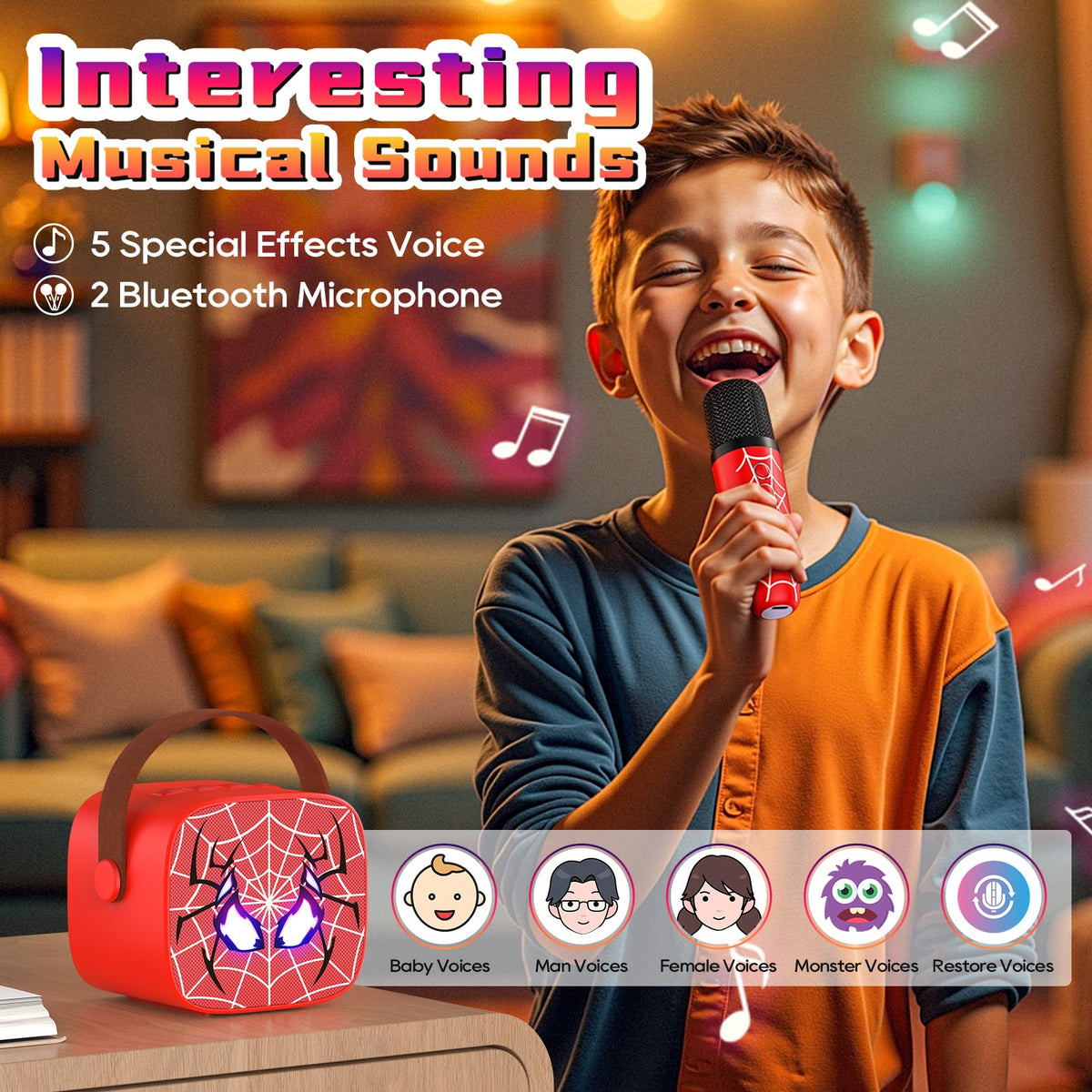 Instiwitt musical toy speaker package showcasing the compact layout and charging pod functionality for the microphones.