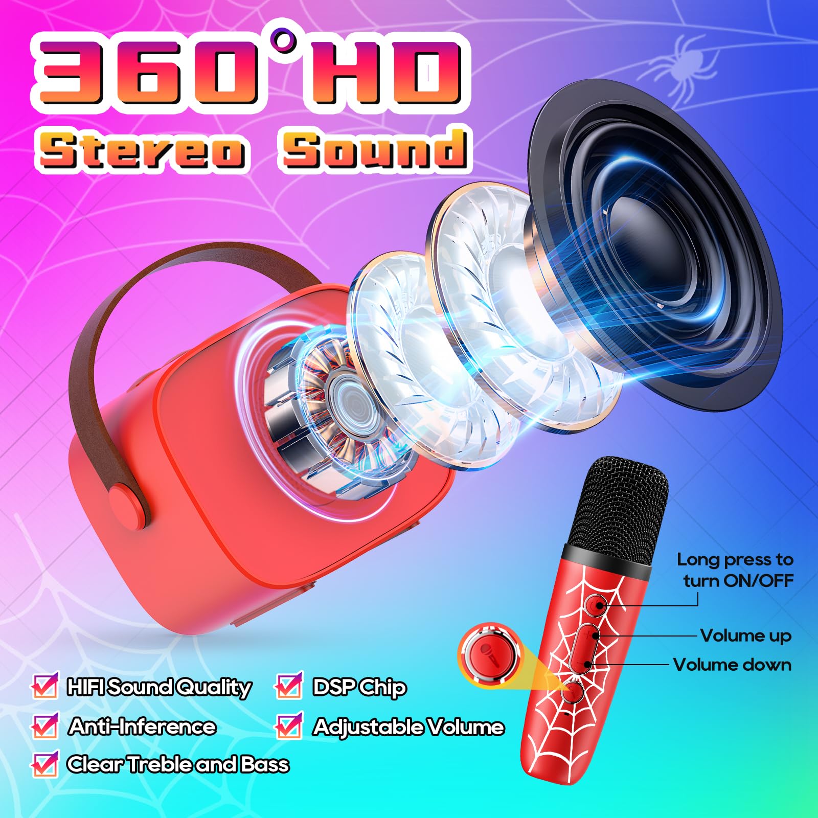 Top perspective of the superhero inspired portable karaoke speaker highlight button controls and lightweight carrying strap.