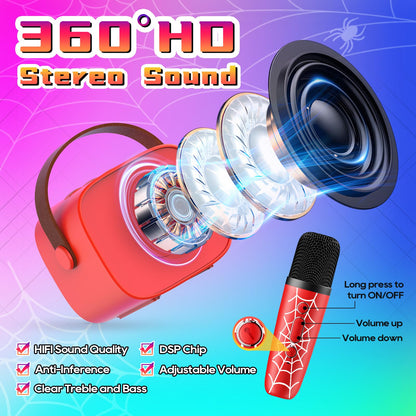 Top perspective of the superhero inspired portable karaoke speaker highlight button controls and lightweight carrying strap.