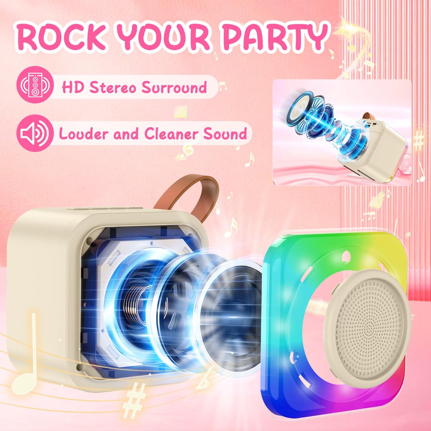 MicQutr portable children singing speaker displaying illuminated multi color RGB LED party lights