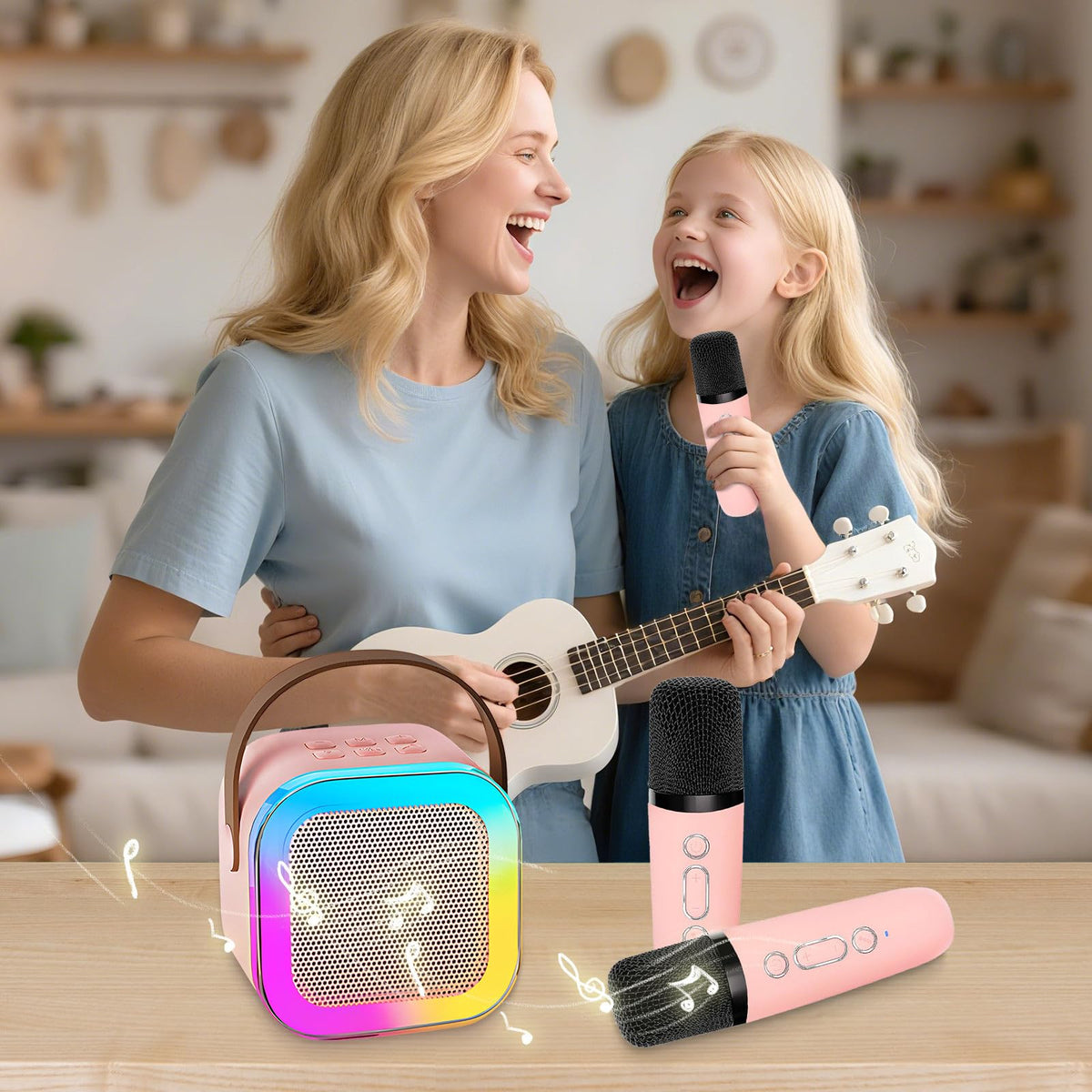 DEABOLAR mini singing machine showcasing the two included wireless microphones with protective clean hygienic sponge covers.