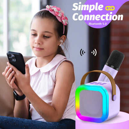 OUTUVAS children singing speaker showcasing the glowing RGB LED light show illuminating the front grille during use.