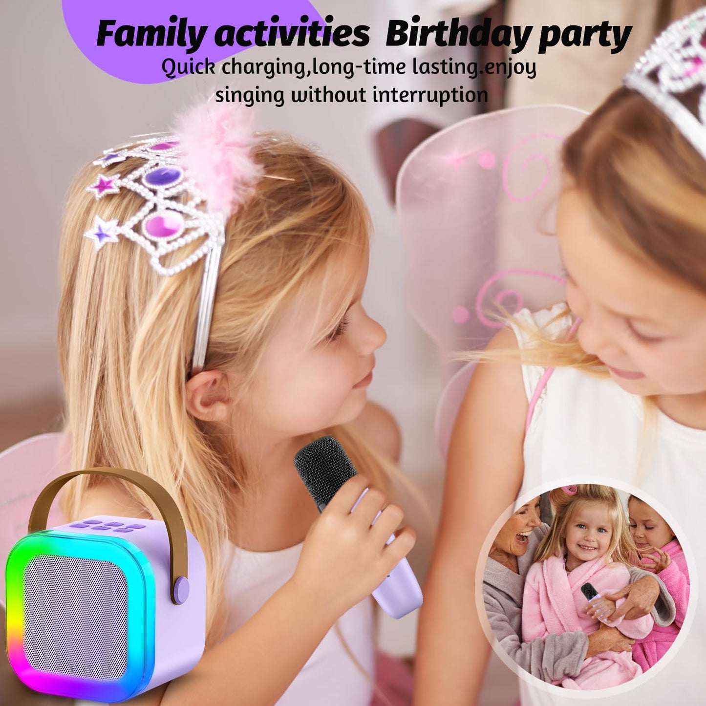 OUTUVAS portable bluetooth party speaker top view highlight showing the durable built-in carry handle for easy transportation.