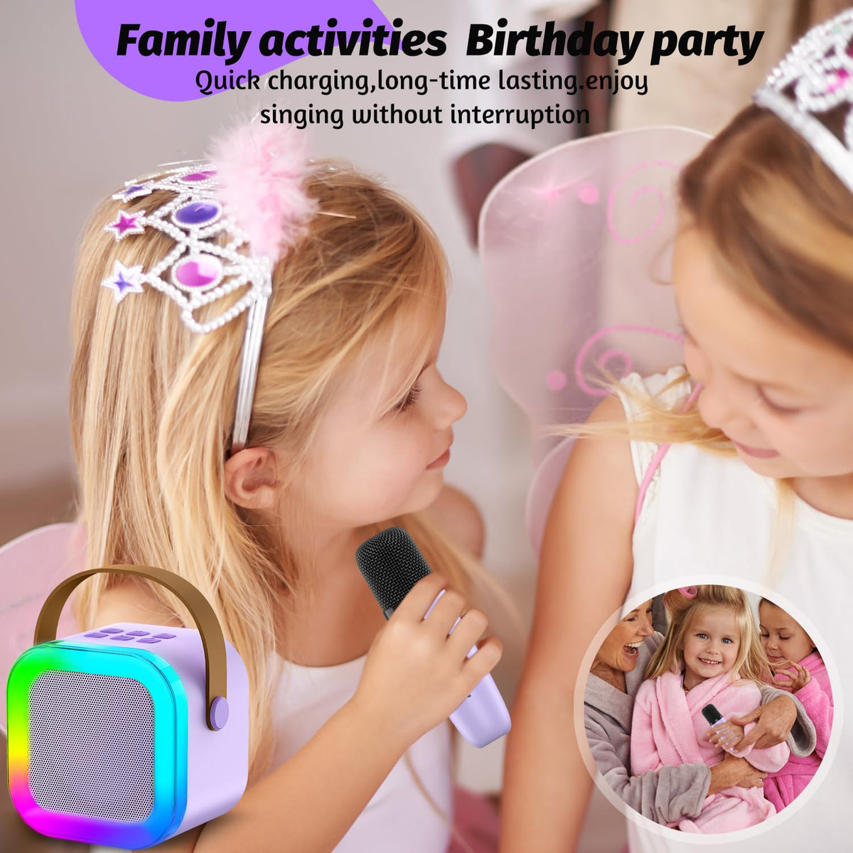 OUTUVAS portable bluetooth party speaker top view highlight showing the durable built-in carry handle for easy transportation.