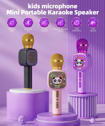 Purple wireless kids singing microphone featuring the panda face design and glowing colorful LED light accents.