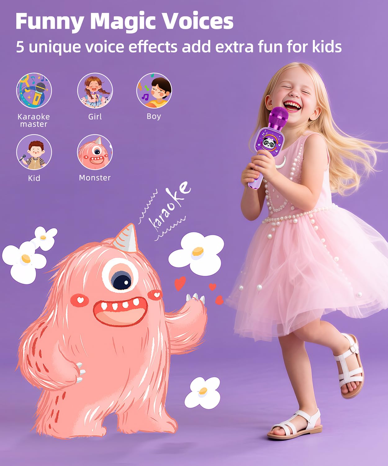 Two purple wireless microphones demonstrating the true wireless stereo duet pairing setup for children.