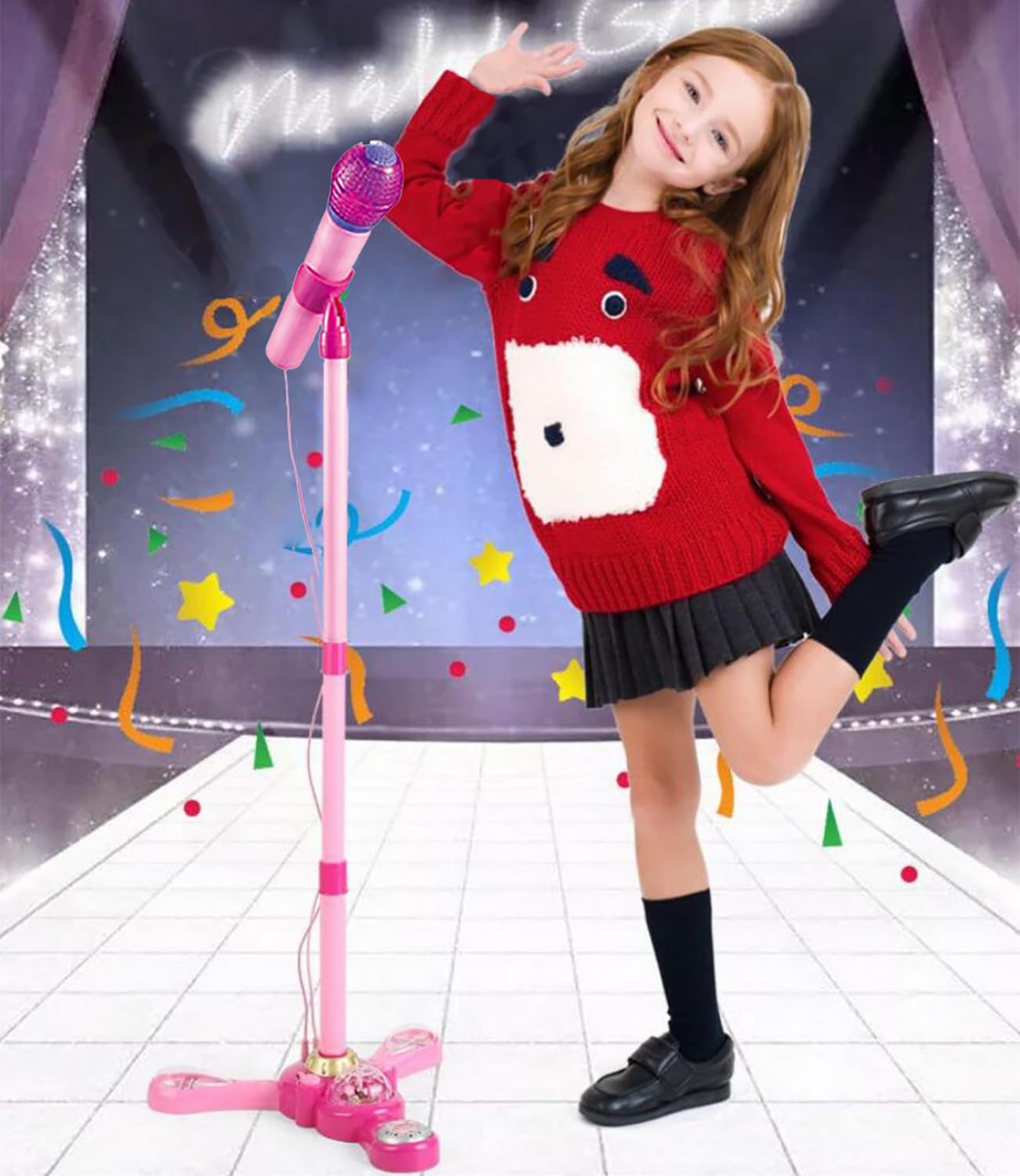 TourKing children singing microphone toy with flashing concert disco lights on the base